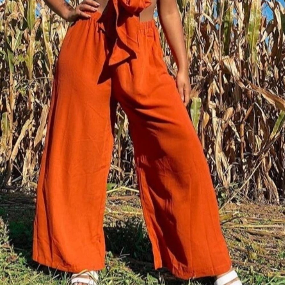 Shein Curve Wide Leg Flowy Pants 0X Burnt Orange Elastic Waist Pull On